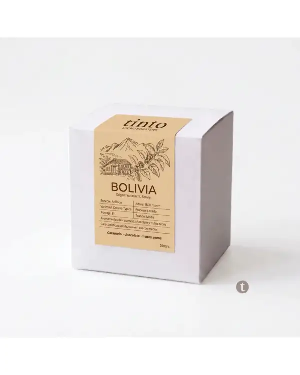 Caja de café de especialidad Bolivia Tinto, 250g, notas de caramelo, chocolate y frutos secos, origen Yanacachi Bolivia