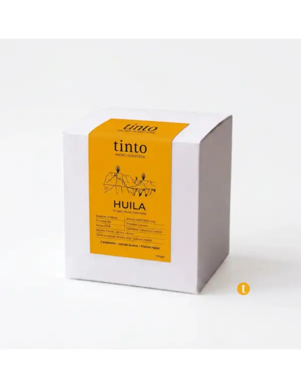 Caja de café de especialidad Huila Tinto, 250g, notas de caramelo, cacao suave y frutos rojos, origen Huila Colombia