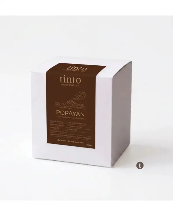 Caja de café de especialidad Popayán Tinto, 250g, notas de caramelo y frutos amarillos, origen Valle del Cauca Colombia