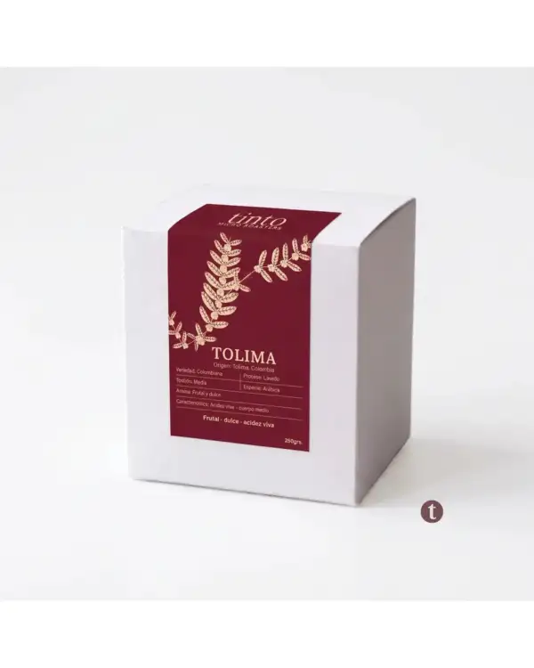 Caja de café de especialidad Tolima Tinto, 250g, notas frutales y dulces con acidez viva, origen Tolima Colombia