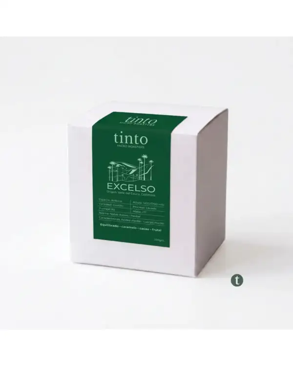 Caja de café de especialidad Excelso Tinto, 250g, sabor equilibrado con notas de caramelo, cacao y frutal, origen Valle del Cauca Colombia