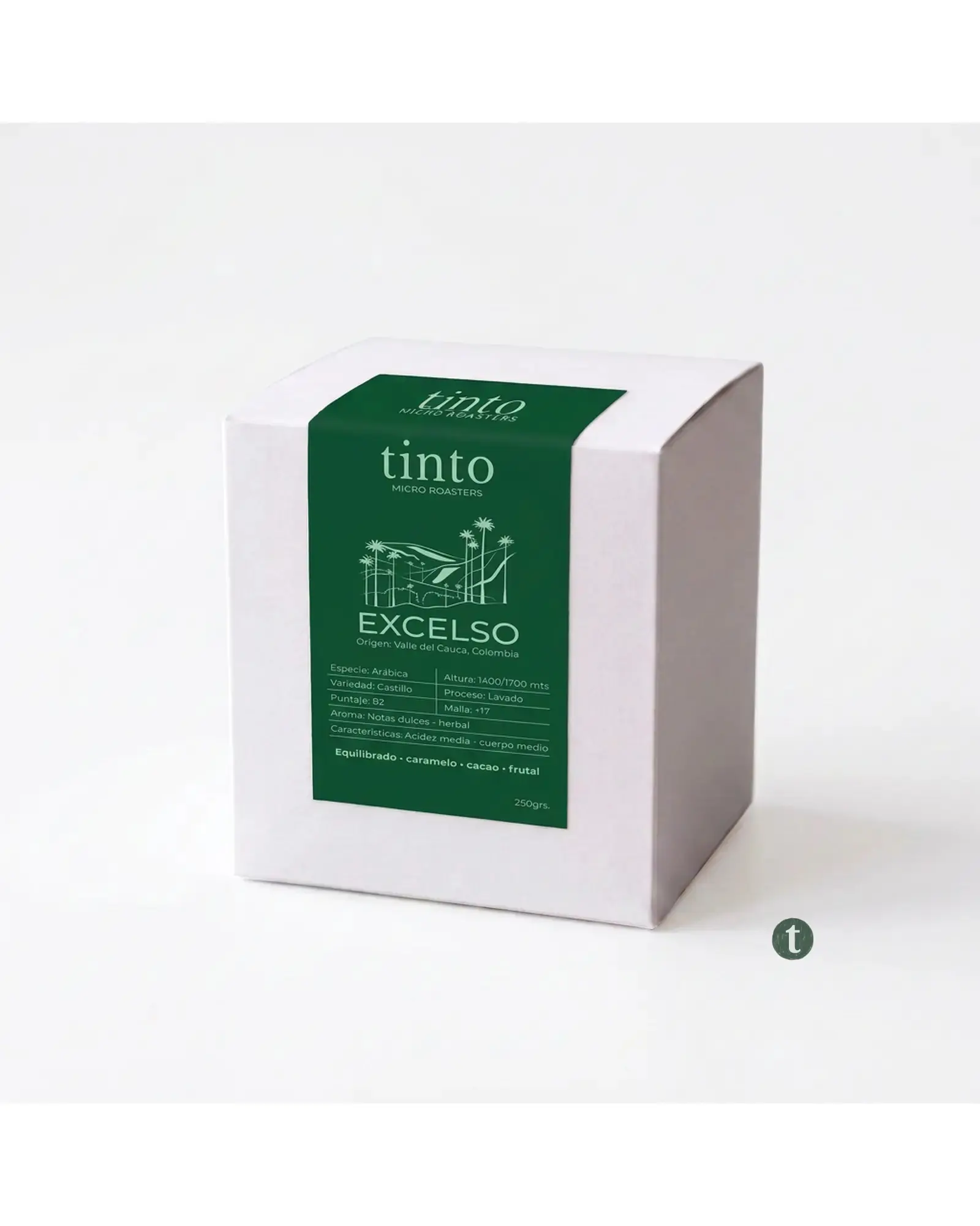 Caja de café de especialidad Excelso Tinto, 250g, sabor equilibrado con notas de caramelo, cacao y frutal, origen Valle del Cauca Colombia